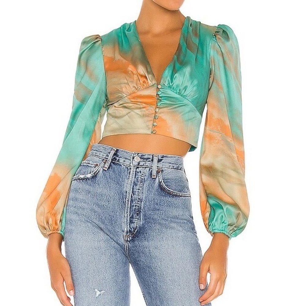 Superdown Teal Orange Tie Dye Satin Crop Top Puff Sleeve V-Neck Blouse Small f5